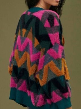 Bel Kazan Anthropologie Multicolor Chevron Eyelash Open Cardigan